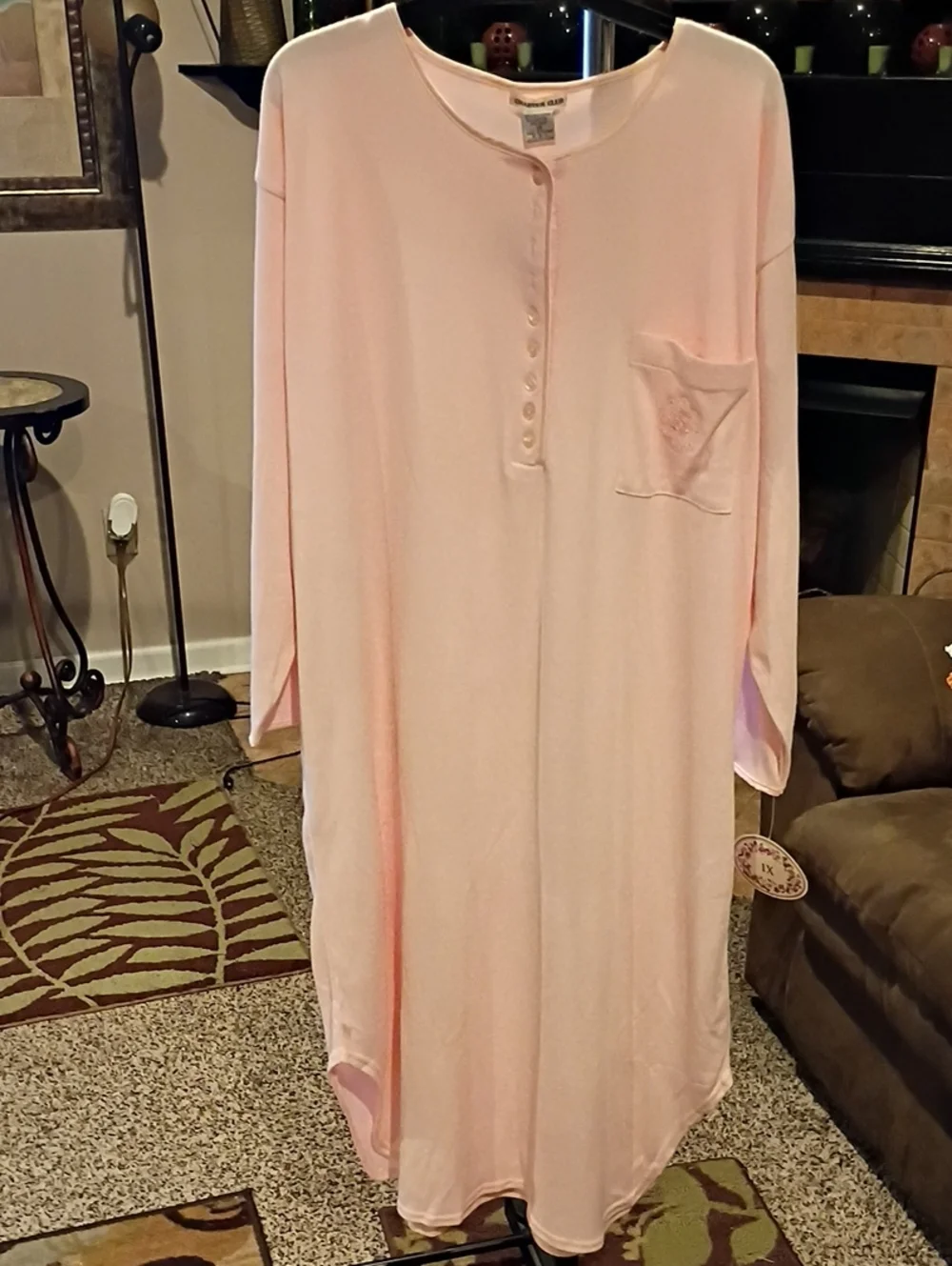 Charter Club Pale Pink Satin-Trim Nightgown w Floral Crocheted Laced Pocket